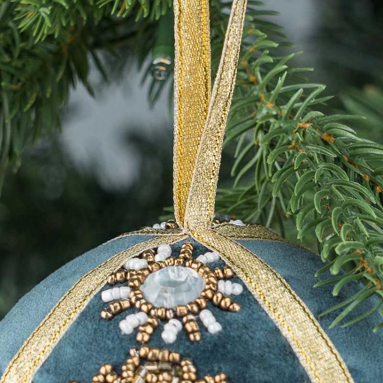 Ёлочная игрушка Синий шар с золотой вышивкой бисером Gold Beaded Ornament Ball Blue 10 cm