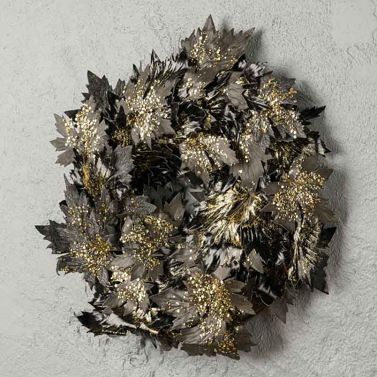 Новогодний позолоченный венок с чёрными кленовыми листьями Gilt Maple Leaf Wreath Black Gold 60 cm