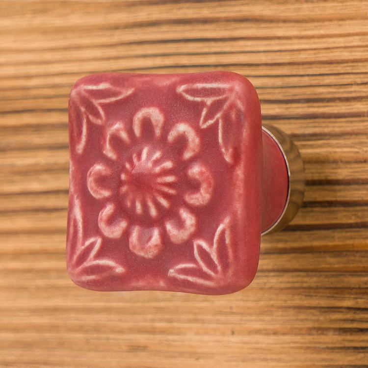Керамическая мебельная ручка с рельефным цветочным узором Square Etched Sandstone Ceramic Knob