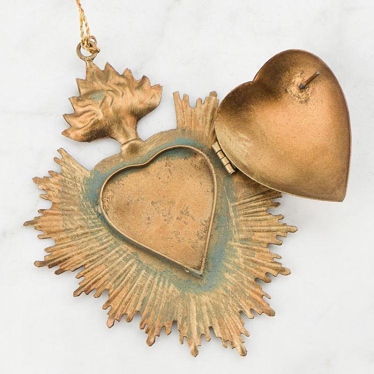 Золотое с патиной подвесное украшение-шкатулка Сердце Hanging Ex Voto Heart Box Gold Verdigris 13 cm