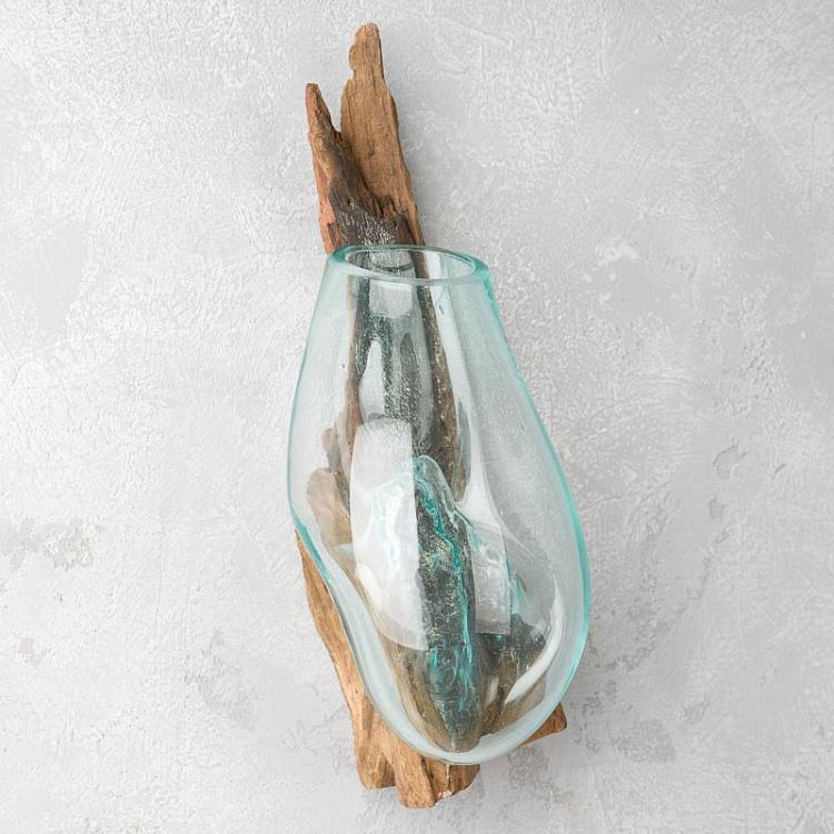 Настенная стеклянная ваза на основании из корней тика Vase Mural En Verre Sur Support Racine