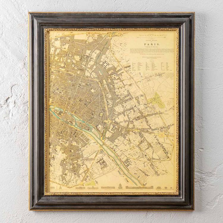 Винтажная картина-принт в чёрной с золотом раме Старинные карты Париж, Франция, 1834 Vintage Maps Paris, France, 1834, MP1 Frame