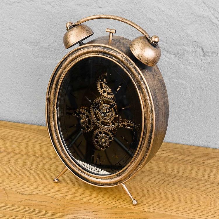 Настольные золотистые часы с шестерёнками и зеркальным циферблатом Честер 1 Chester Antique Gold Table Clock With Gears 1
