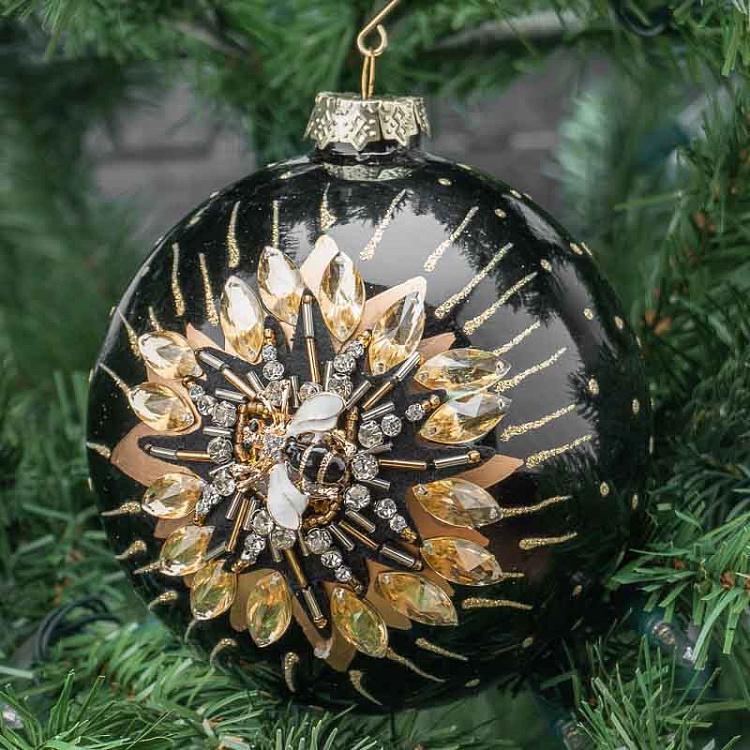 Черно-золотой ёлочный шар со стразами и пчелой Glass Jewel 3D Bee Ball Black/Gold 12 cm
