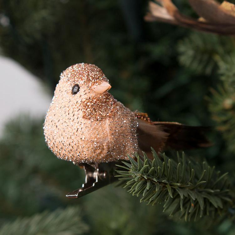 Набор из трёх ёлочных игрушек Блестящие птички на прищепке Set Of 3 Glitter Birds On Clip Pink/Brown 9 cm