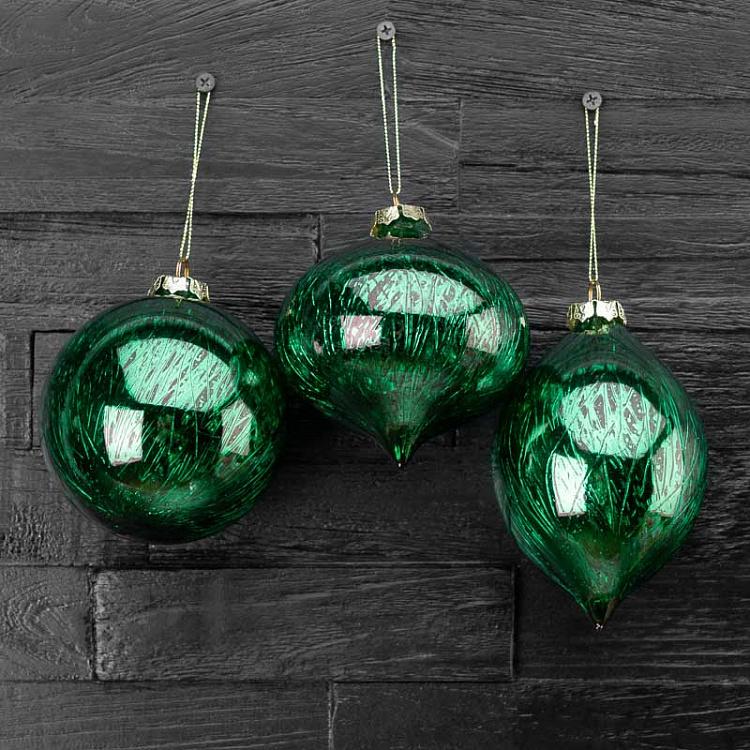 Набор из трёх зелёных металлизированных елочных шаров Скреч Set Of 3 Glass Metal Scratched Balls Green 10 cm