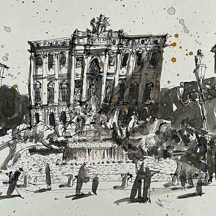 Рисунок тушью с золотом Фонтан Треви Fontana Di Trevi Drawing With Gold