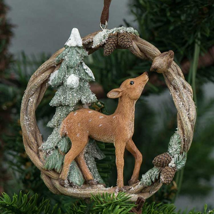 Набор из трёх ёлочных игрушек Олени и лиса в венке Set Of 3 Deers And Fox In Wreath 10 cm