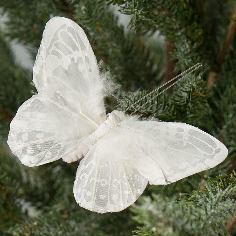 Набор из трёх ёлочных игрушек на клипсе Белые бабочки Set Of 3 Plume Butterflies On Clip White 11 cm