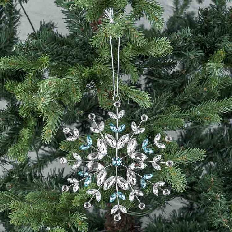 Ёлочная игрушка Серебристая снежинка с прозрачными и голубыми стразами, L Transparent Blue Stones Snowflake Silver 17 cm