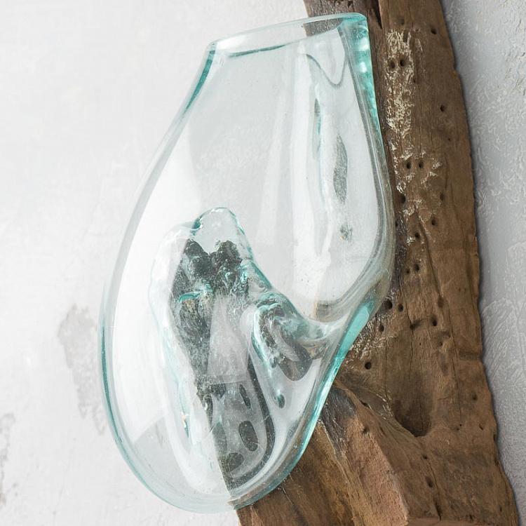 Настенная стеклянная ваза на основании из корней тика Vase Mural En Verre Sur Support Racine