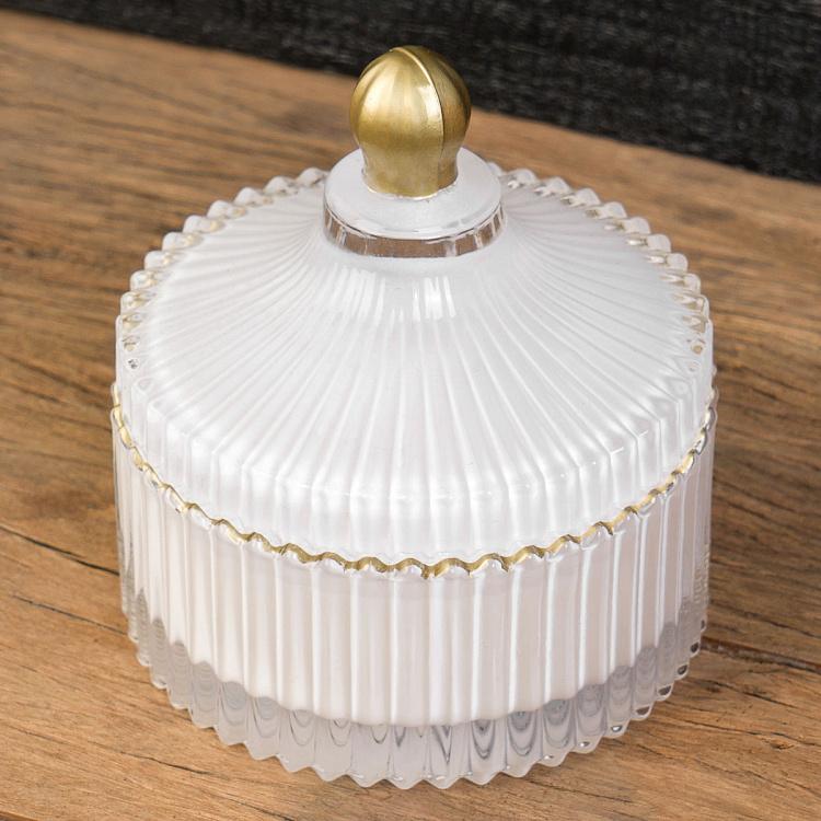 Аромасвеча в белом рифлёном стакане Шёлковый цветок, S Aroma Candle In White Striped Glass Silk Flower Small