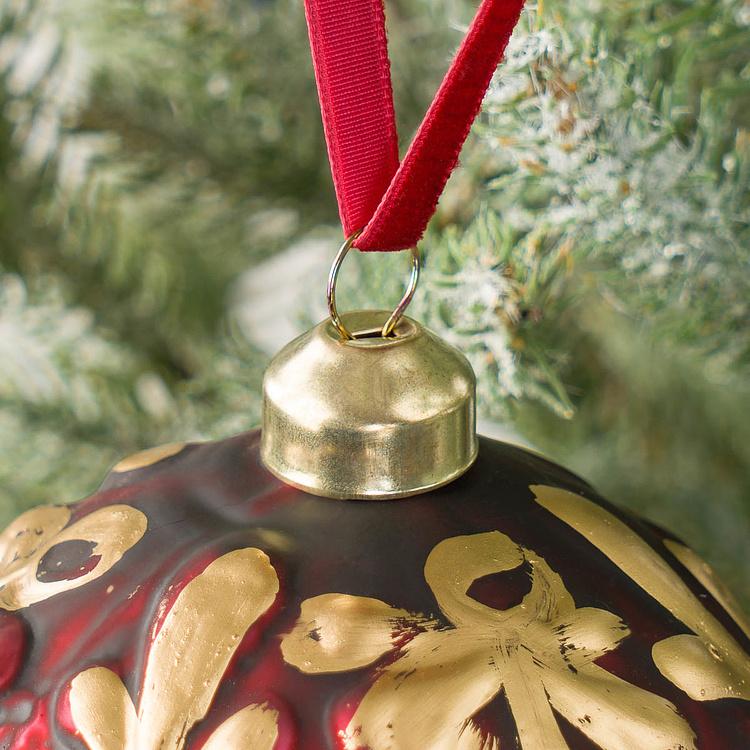 Ёлочная игрушка Красный шар с золотистым лиственным узором Gold Leaves Ball Red 10 cm