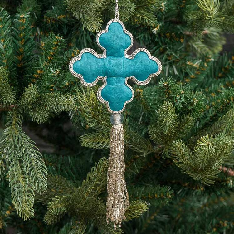 Бирюзовая новогодняя подвеска с бисером Pendant Cross With Beads Turquoise 22 cm