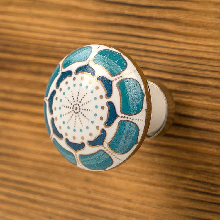 Мебельная керамическая ручка Ар-деко сине-золотая с сердцами Art Deco Hearts Blue And Gold Ceramic Knob