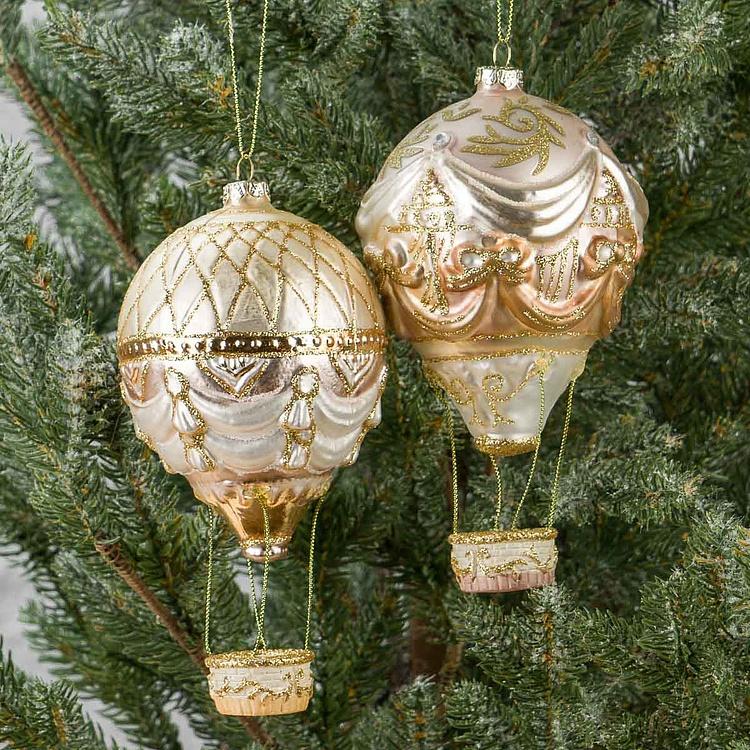 Набор из двух стеклянных ёлочных игрушек Воздушные шары Set Of 2 Glass Hot Air Balloons Gold Cream 16 cm