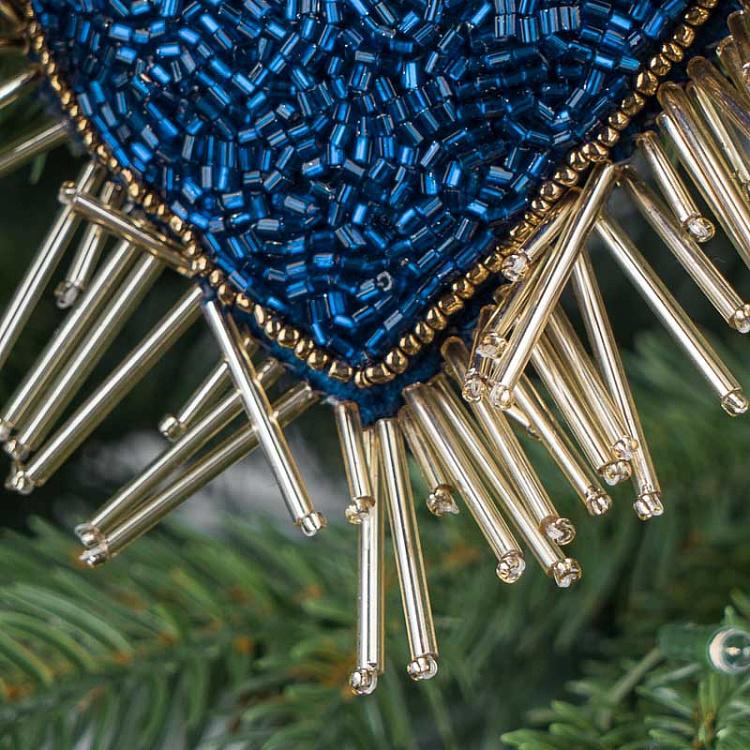 Ёлочная игрушка Синее сердце с вышивкой бисером Bead Embroidery Heart Blue 13 cm