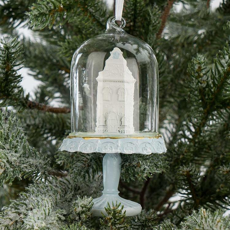 Набор из трёх ёлочных игрушек Пряничные домики под куполом Set Of 3 Gingerbread Houses In Dome Blue White 11,5 cm