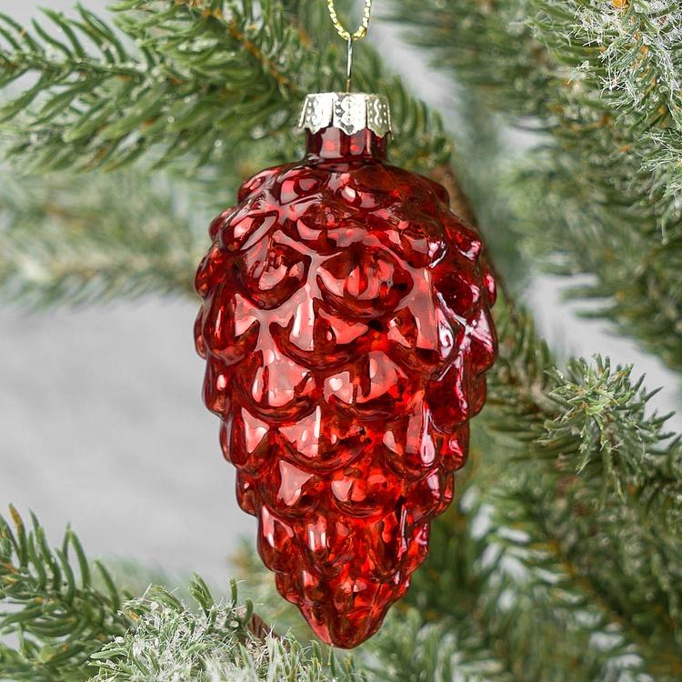 Набор из 16 красных стеклянных ёлочных игрушек Set Of 16 Glass Antique Ball Pinecones Red 5 cm