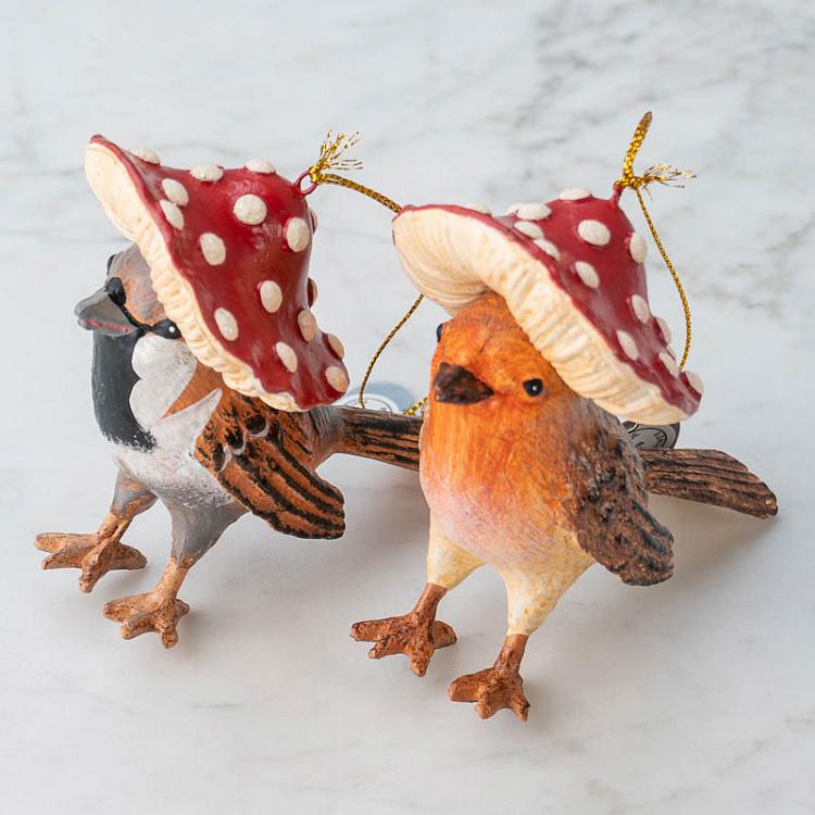 Набор из двух ёлочных игрушек Птицы под мухоморами Set Of 2 Mushroom Birds Brown/Red 12,5 cm