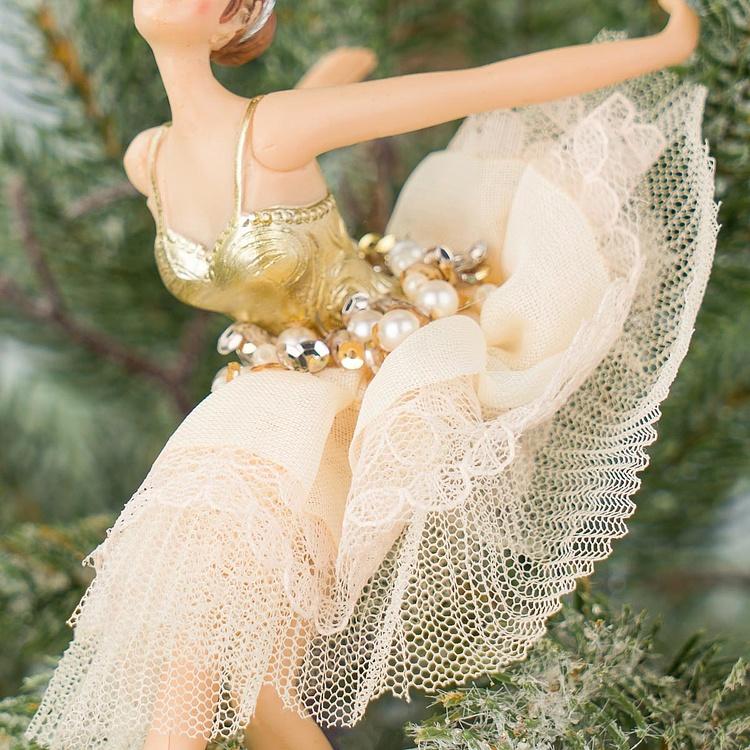 Набор из трёх ёлочных игрушек Балерины в платьях с жемчугом Set Of 3 Fabric Pearl Ballerinas White Gold 19 cm