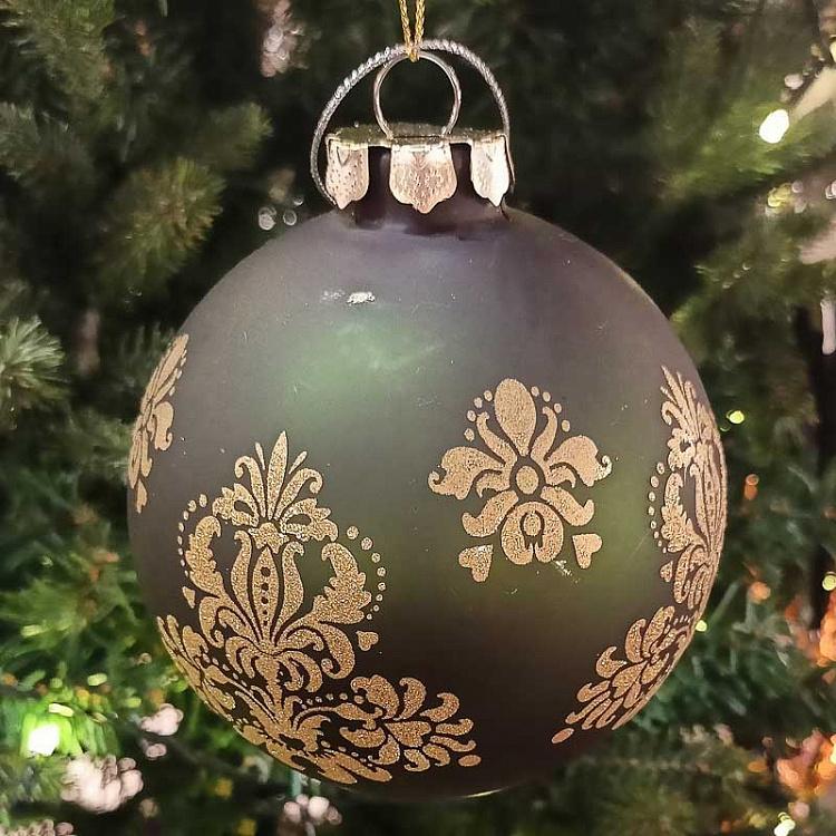 Зелёный ёлочный шар с золотым узором дисконт1 Glass Matte Glitter Brocade Ball Green 10 cm discount1