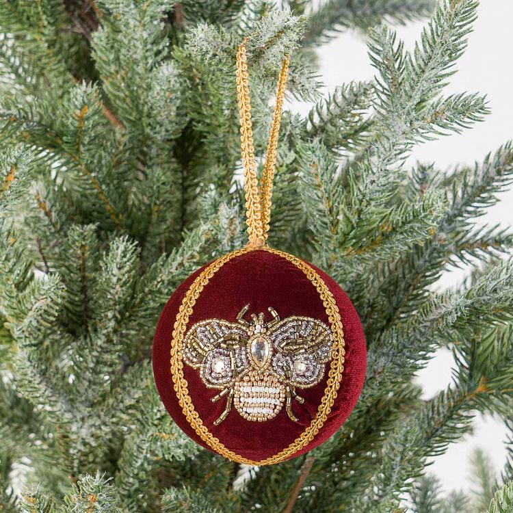 Ёлочная игрушка Бордовый шар с пчелой из бисера Beads Bee Ball Burgundy 9 cm