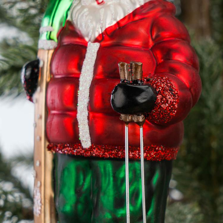 Набор из двух ёлочных игрушек Санты с лыжами Set Of 2 Glass Santas With Skis Red Green 15 cm