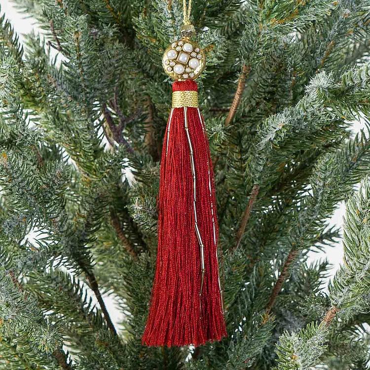 Новогодняя подвеска Красная кисточка с жемчужинами Pearl Pendant With Red Tassel 17 cm
