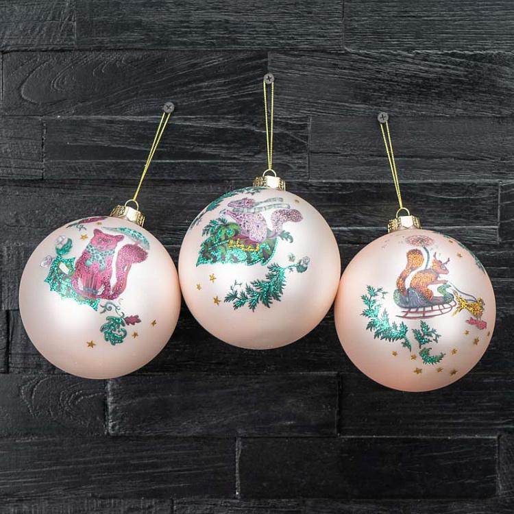 Набор из трёх ёлочных шаров Лесные жители Set Of 3 Glass Silvis Mice And Woods Balls Cream/Green 12 cm
