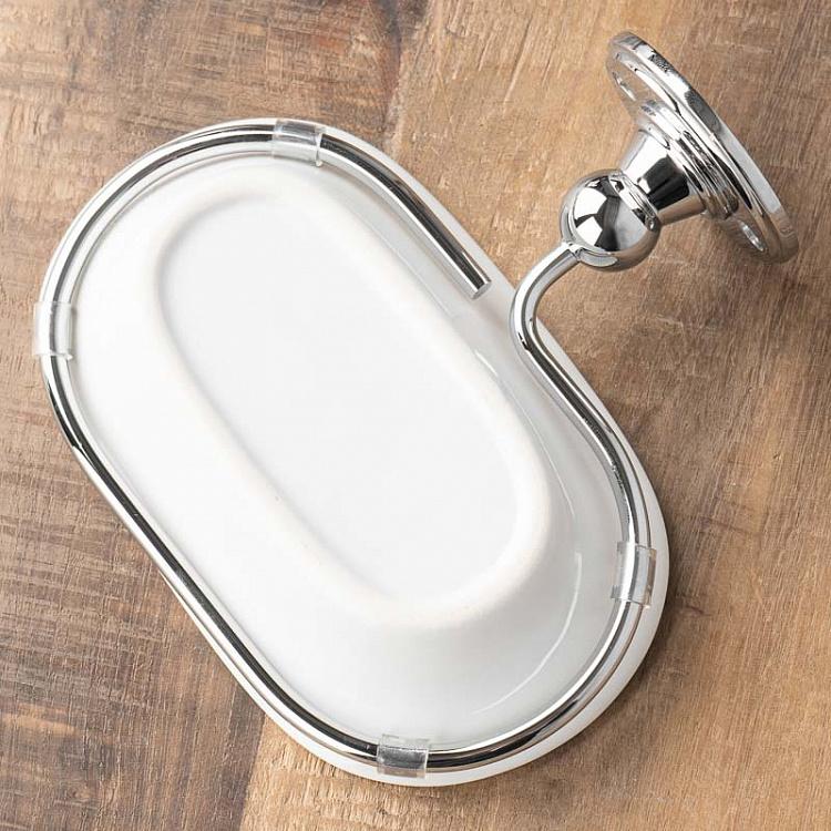 Настенная овальная белая мыльница в подставке цвета хром Soap Dish Chrome And White