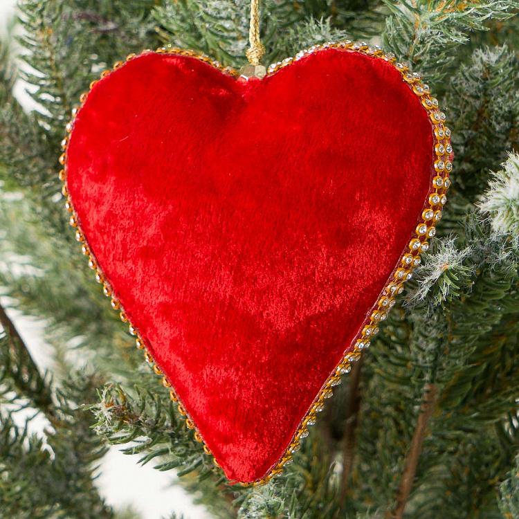 Ёлочная игрушка Бархатное красное сердце с цветочным узором Beads Pattern Velvet Heart Red 12 cm