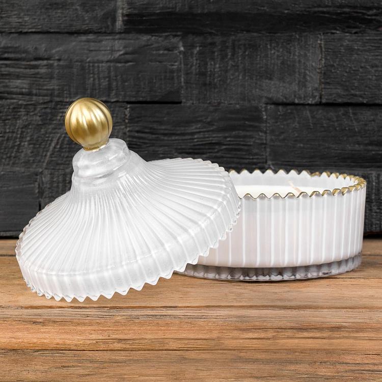 Аромасвеча в белом рифлёном стакане Шёлковый цветок, L Aroma Candle In White Striped Glass Silk Flower Large