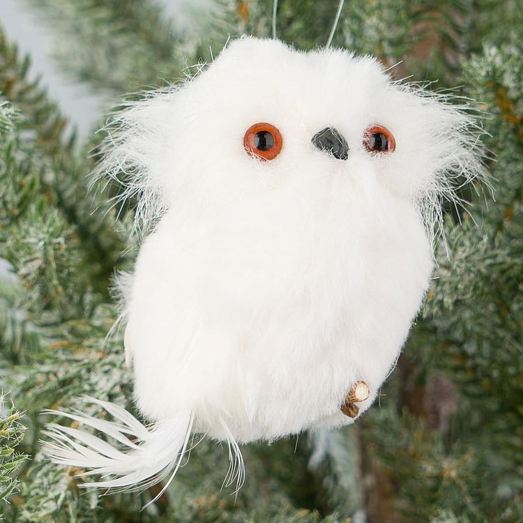 Набор из двух ёлочных игрушек Белые пушистые совы Set Of 2 Furry Owls White 11 cm