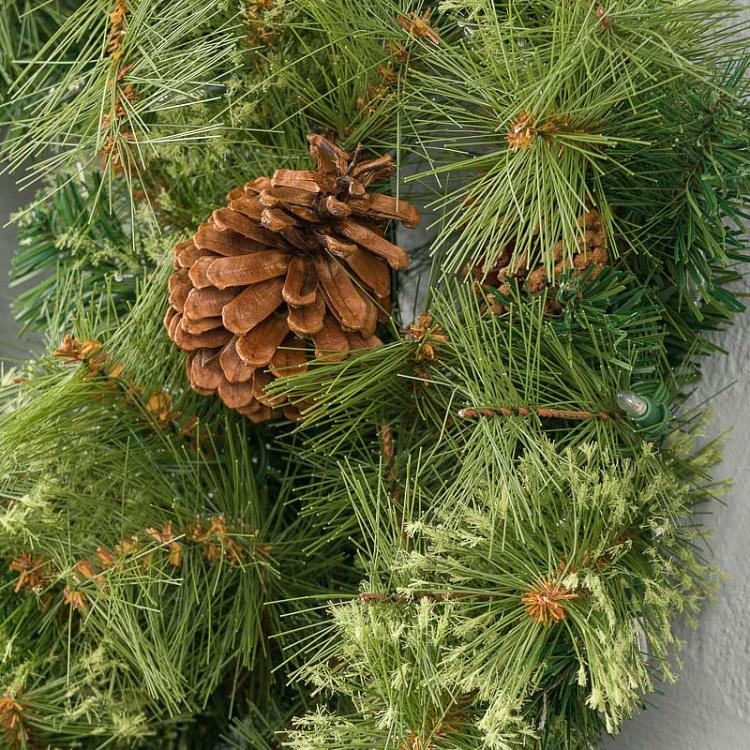 Новогодний венок с шишками и гирляндой 100 Led Pinecone Wreath Green 76 cm
