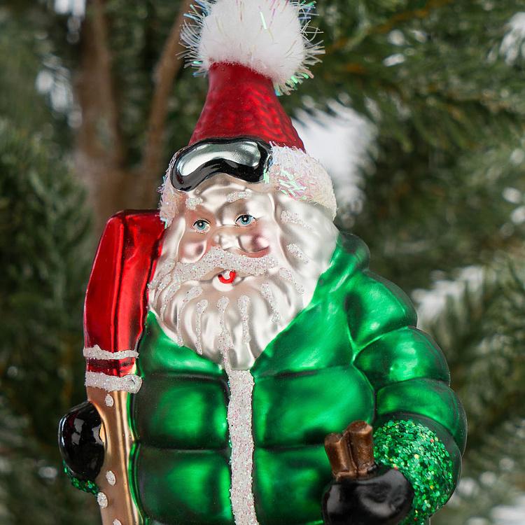Набор из двух ёлочных игрушек Санты с лыжами Set Of 2 Glass Santas With Skis Red Green 15 cm