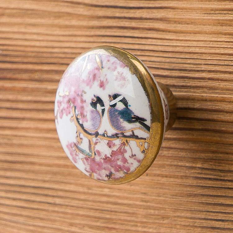Керамическая мебельная ручка Нарядные птицы Chic Birds Gold Ceramic Knob