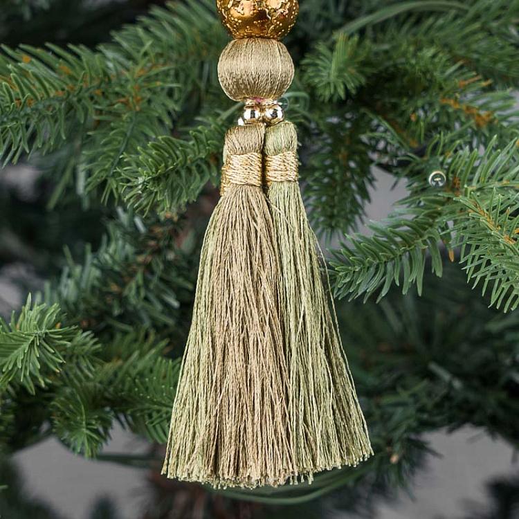 Новогодняя подвеска из бусин золотисто-зелёная с кисточкой  Beads Pendant With Tassel Gold Green 19 cm