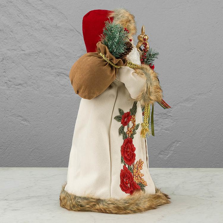 Новогодняя фигурка Санта в белой с цветочным узором шубе Santa Claus In White Fur Coat With Flowers 46 cm
