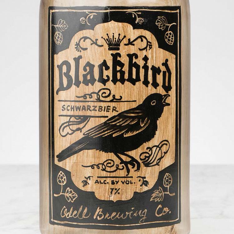 Бутыль с ручной росписью Чёрный дрозд Handpainted Glass Bottle Beer Blackbird