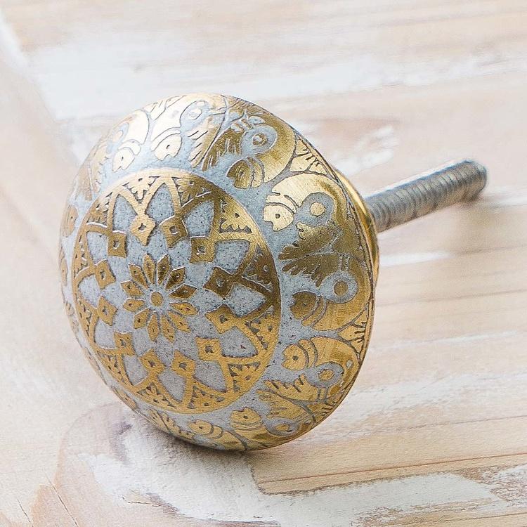 Мебельная ручка из латуни с травлением Рыбки, белая Fish Motif Etched Brass Knob White
