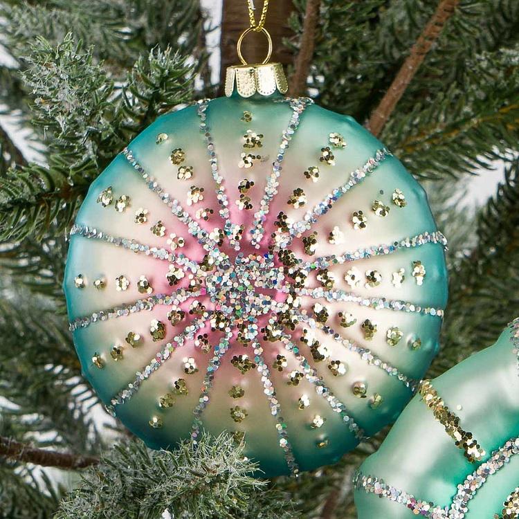 Набор из двух ёлочных игрушек Раковина и морской ёж Set Of 2 Glass Pearl Shells Urchin Blue Pink 10 cm