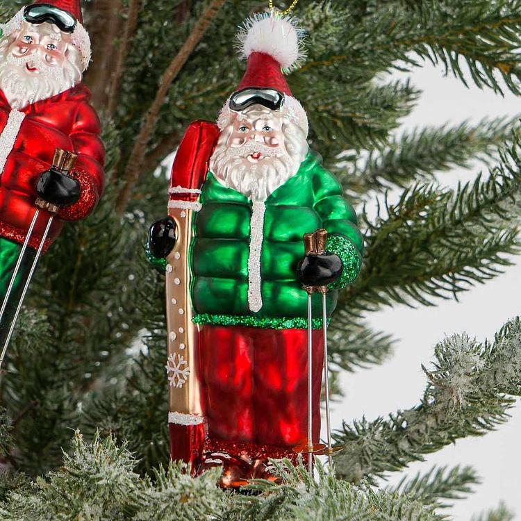 Набор из двух ёлочных игрушек Санты с лыжами Set Of 2 Glass Santas With Skis Red Green 15 cm