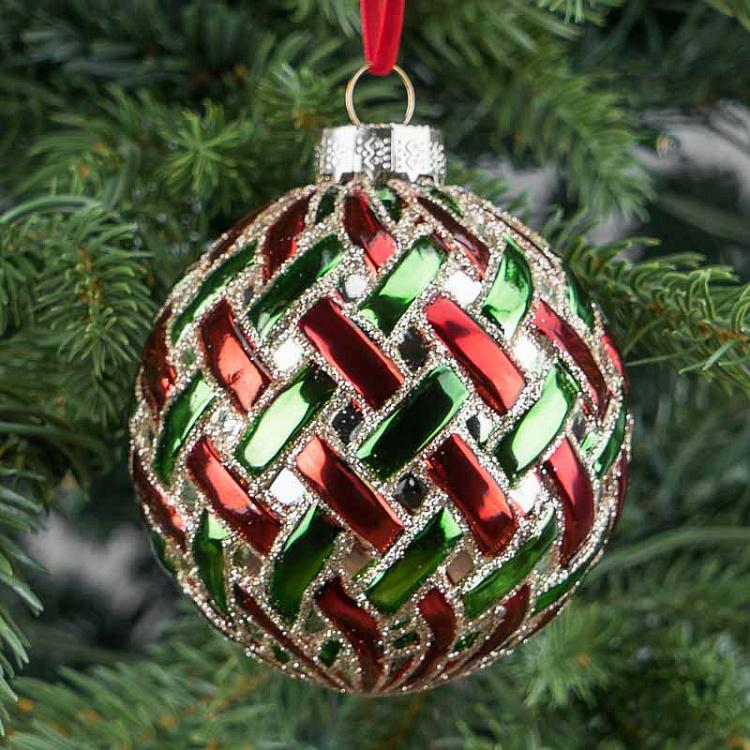 Ёлочная игрушка Красно-зелёный шар с плетёным узором Braided Ball Red Green 8 cm