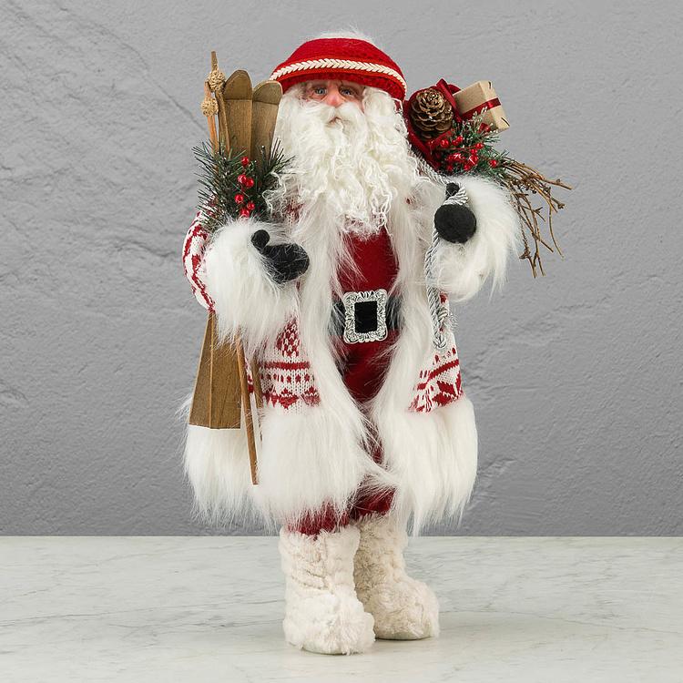 Новогодняя фигурка Лесной Санта в белой шубе и с лыжами Forest Santa Claus In White Fur Coat With Skis 48 cm