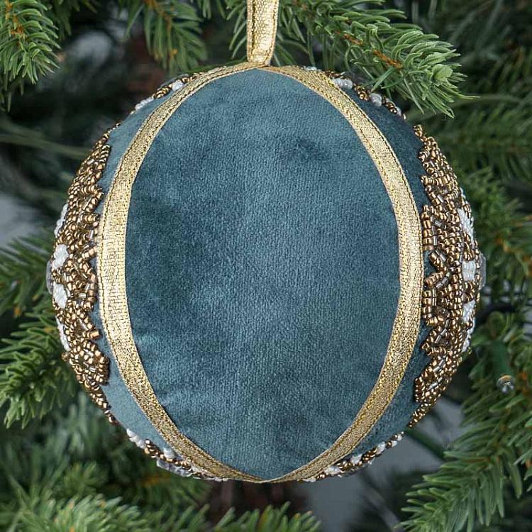 Ёлочная игрушка Синий шар с золотой вышивкой бисером Gold Beaded Ornament Ball Blue 10 cm