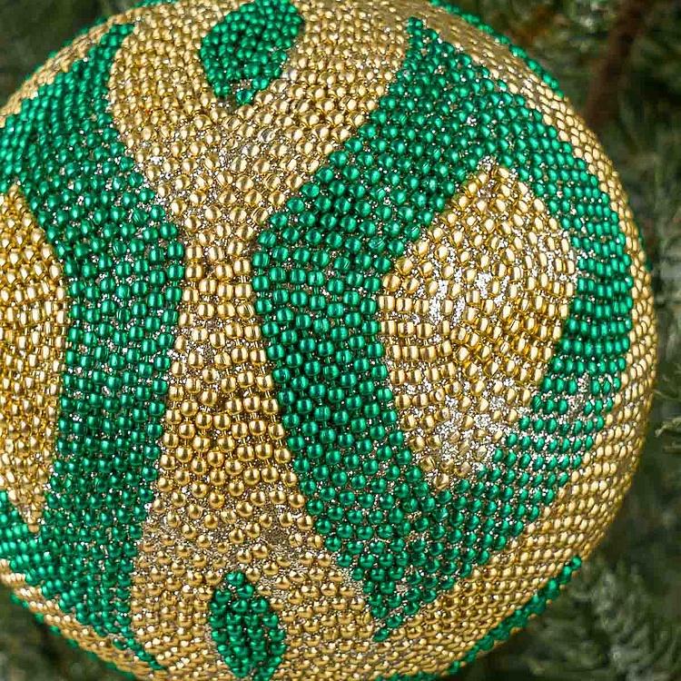 Ёлочная игрушка Шар с узором из золотого и зелёного бисера, S Beads Ball Gold And Green 9 cm