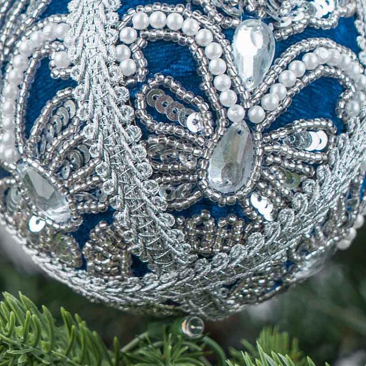 Ёлочный шар Бархатный с пайетками и стразами Silver Sequin Pattern Velvet Ball Blue 10 cm