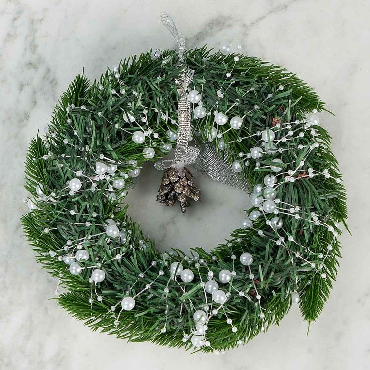 Новогодний венок с белым бантом Wreath With Bow White 20 cm