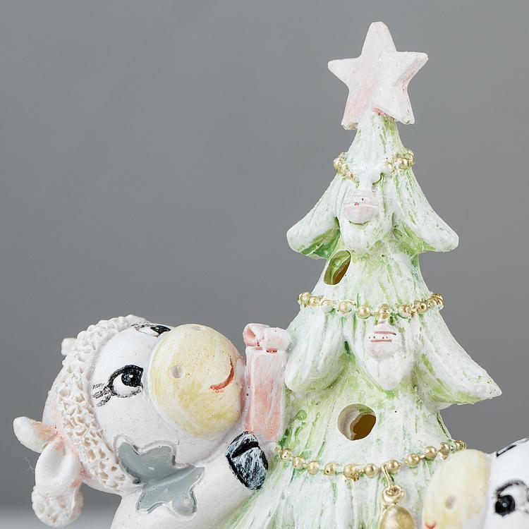 Новогодняя фигурка с подсветкой Бычки и ёлочка Calves With Christmas Tree 14 cm